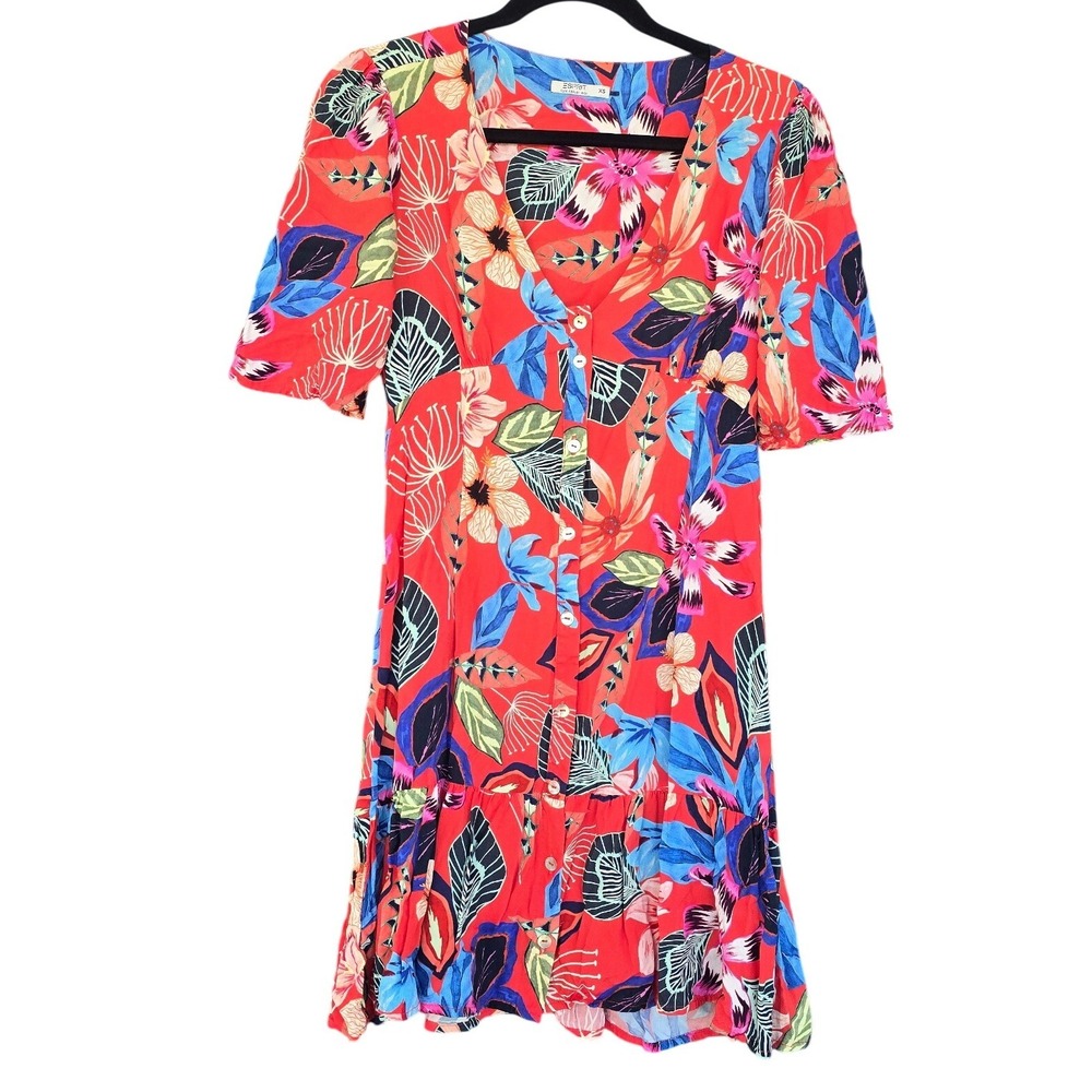 EDC by Esprit Red Floral Print Button Front Midi Dress Short Sleeve Ruffle‎ XS
